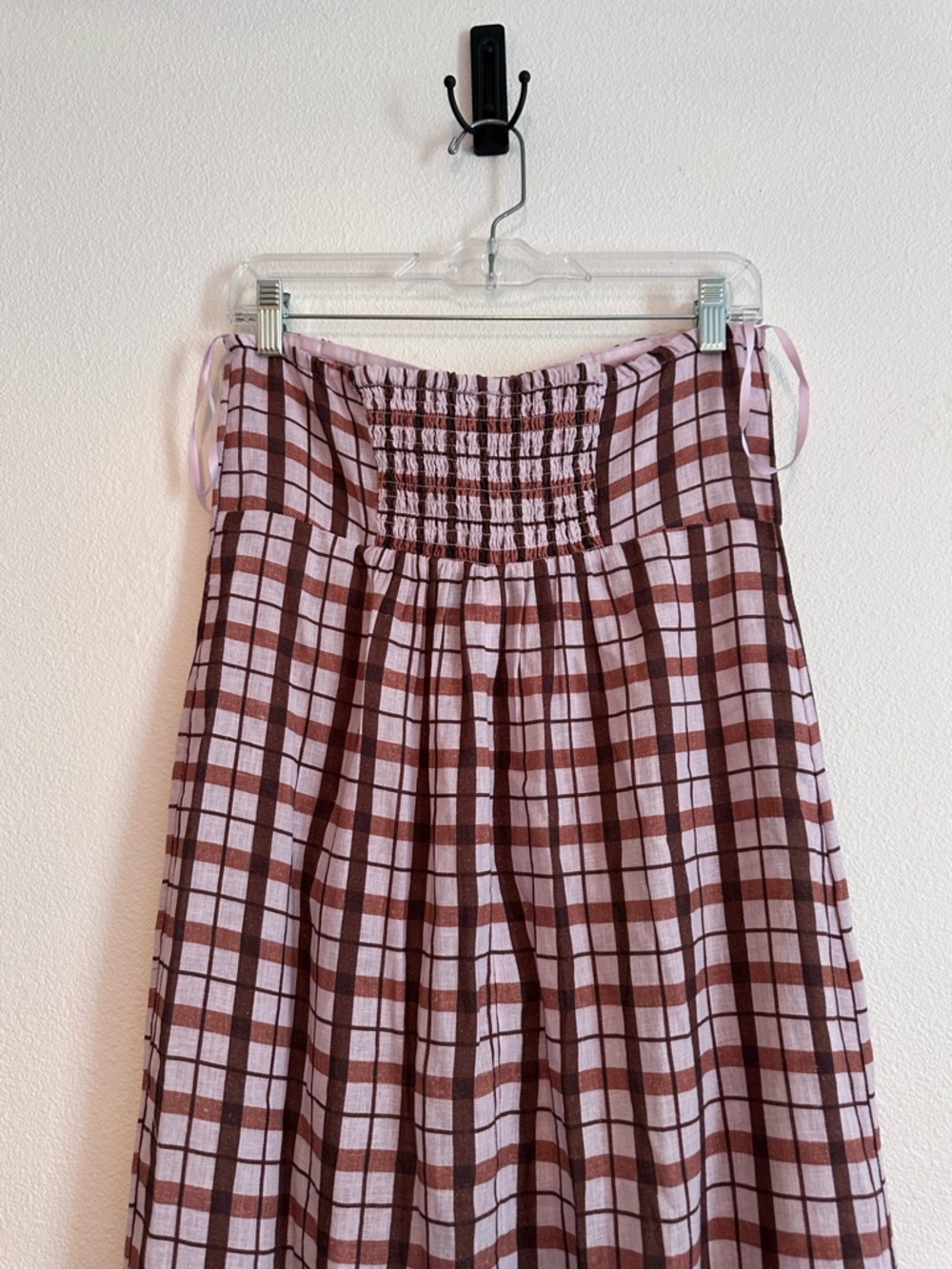 Anthropologie Linen Strapless Aliza Plaid Smocked Dress S M pink brown crème - Picture 4 of 9